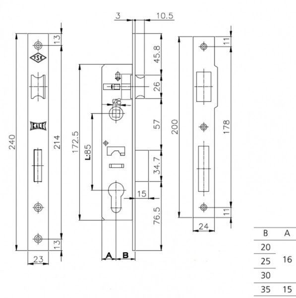 KALE Замок ALU (23 мм) 153U-25 защіпка B=25 мм