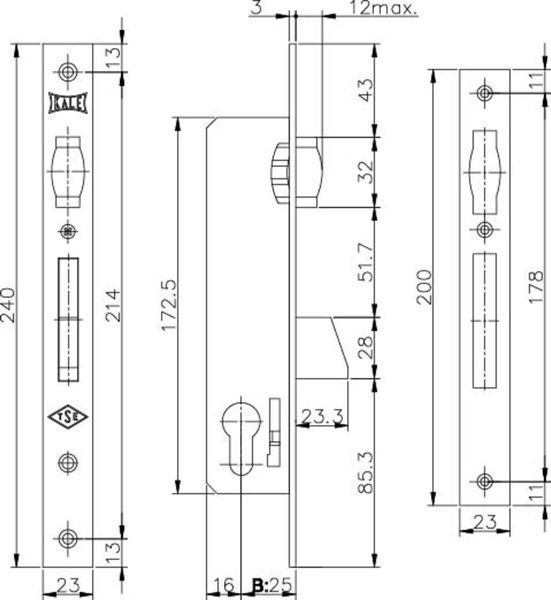 KALE Замок ALU (23 мм) 255U-25 ролик B=25 мм выкидной ригель